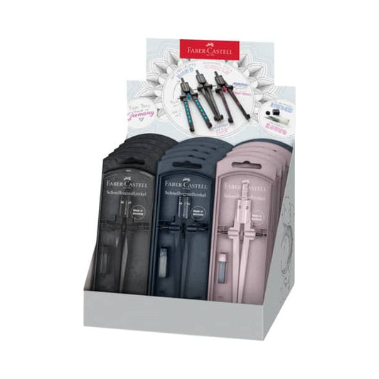 Faber-Castell Stream 2025 Expositor con 15 Compases Escolares de Ajuste Rapido - Circunferencias de hasta Ø 340mm - Incluye Bote de Minas - Colores Rosa, Negro y Azul Marino