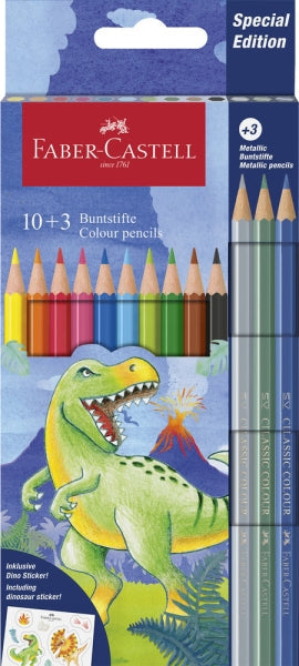Faber-Castell Edicion Dinosaurios Pack de 13 Lapices de Colores Hexagonales - 10 Colores Clasicos +