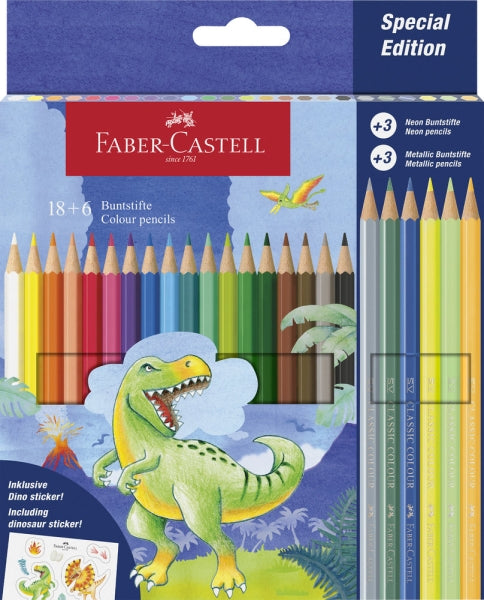 Faber-Castell Edicion Dinosaurios Pack de 24 Lapices de Colores Hexagonales - 18 Colores Clasicos +