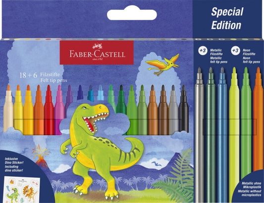 Faber-Castell Edicion Dinosaurios Pack de 24 Rotuladores de Colores - 18 Colores Clasicos + 3 Colore