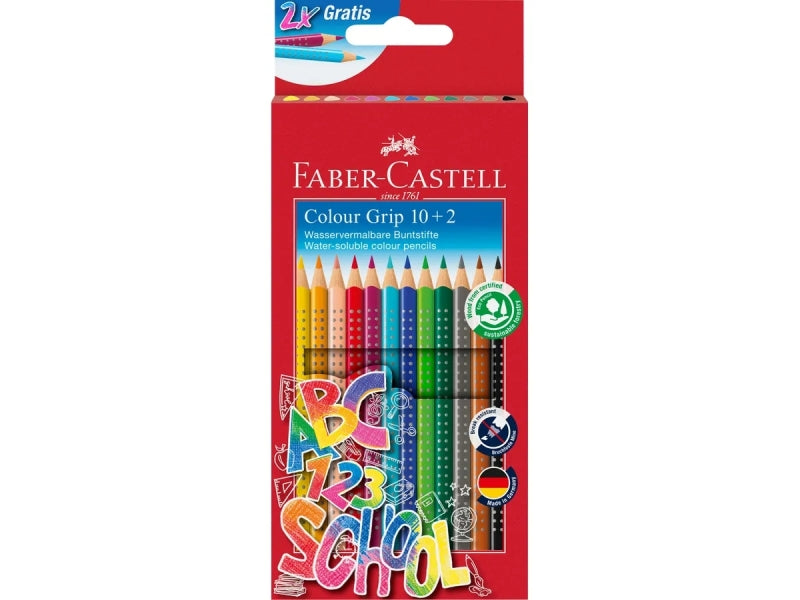 Faber-Castell Colour Grip Pack 10+2 Lapices de Colores Triangulares con Grip de Agarre - Con Espacio