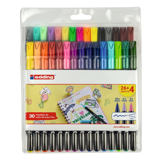 Edding 1200 Pack de 30 Rotuladores - Punta Redonda - Tinta con Base de Agua - Colores Clasicos, Neon