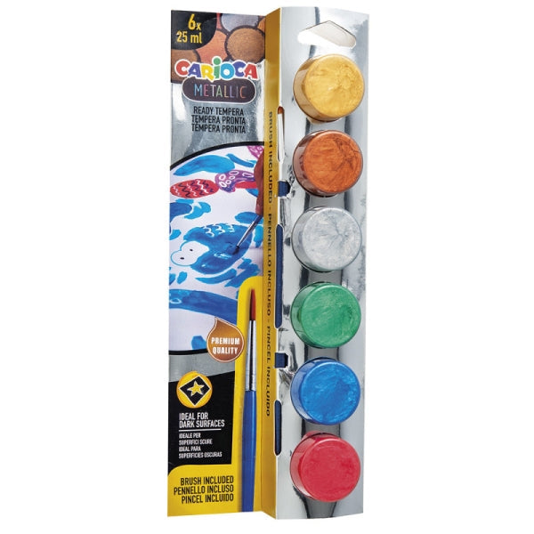 Carioca Metallic Pack de 6 Temperas en Botes de 25ml + Pincel - Superlavables - Mezclables - Colores