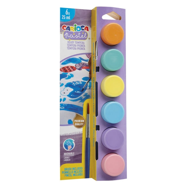 Carioca Pastel Pack de 6 Temperas en Botes de 25ml + Pincel - Superlavables - Mezclables - Colores P