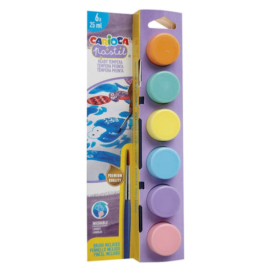 Carioca Pastel Pack de 6 Temperas en Botes de 25ml + Pincel - Superlavables - Mezclables - Colores P
