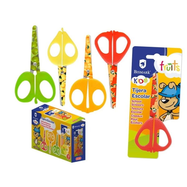 Bismark Kids Fruits Tijera Escolar 13cm - Hojas y Mangos Decorados con Frutas - Mangos en Plastico - Punta Roma - 4 Diseños Surtidos - Cantidad: 12