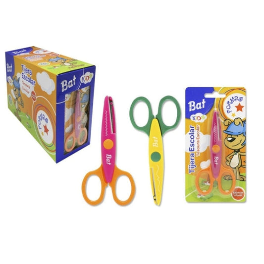 Bismark Kids Bat Formas Tijera Escolar - Hojas con Forma para Diferenrtes Tipos de Corte - Mangos en Plastico - Punta Roma - 2 Diseños Surtidos - Cantidad: 20