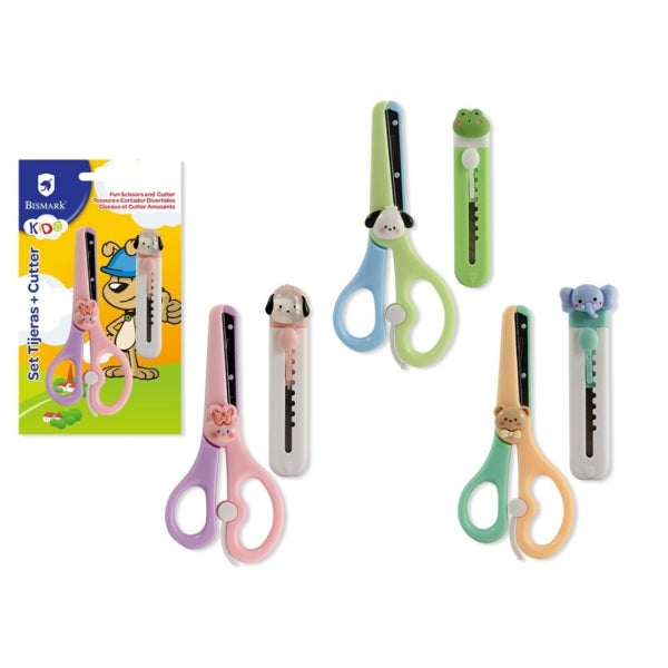 Bismark Kids Pack de Tijera Escolar + Cuter - Mangos en Plastico - Punta Roma - 3 Diseños Surtidos - Cantidad: 12