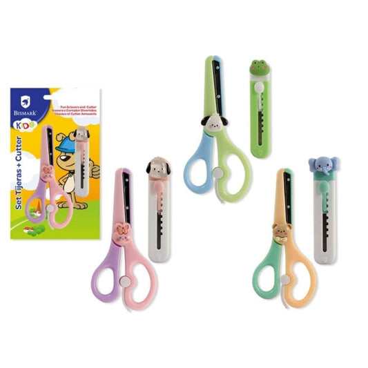 Bismark Kids Pack de Tijera Escolar + Cuter - Mangos en Plastico - Punta Roma - 3 Diseños Surtidos - Cantidad: 12