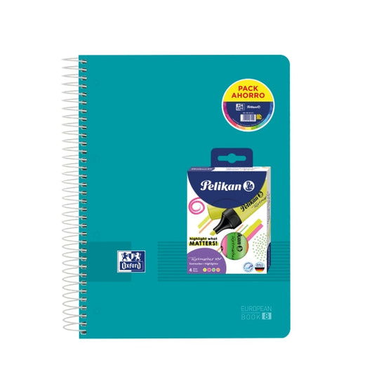 Oxford Europeanbook 8 Live & Go Pack de Cuaderno Espiral A4+ 160 Hojas Cuadricula 5x5 + 4 Marcadores Texmarker 490 Pelikan - 8 Bandas de Color - Tapa de Plastico Resistente - Colores Surtidos - Cantidad: 10