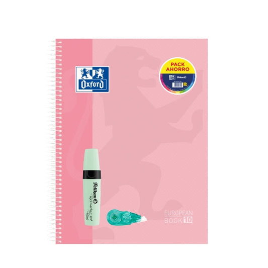 Oxford Europeanbook 10 Touch Cuaderno A4+ Cuadriculado 5x5mm 150 Hojas + Marcador Texmarker 490 Pastel Pelikan + Corrector Fancy Roller Pelikan - Tapa Extradura - 10 Bandas de Color - Colores Pastel Surtidos - Cantidad: 10