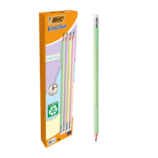Bic Evolution Pastel Lapiz de Grafito Hexagonal con Goma - Mina HB Ultrarresistente - Sin Madera - N