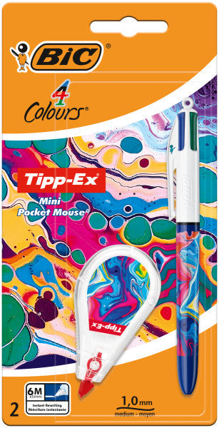 Bic 4 Colours Decors Hydro Pack de 1 Boligrafo de Bola Retractil + Corrector Pocket Mouse 5mmx6m - P