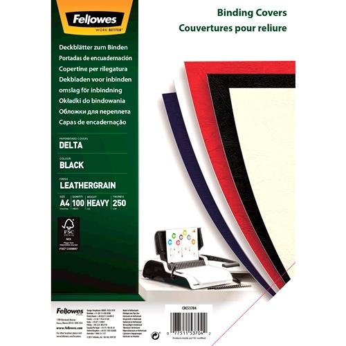 FELLOWES PORTADAS ENCUADERNACIÓN A4 CARTÓN 250GR SÍMIL PIEL DELTA CUERO FSC NEGRO PACK 100 UD
