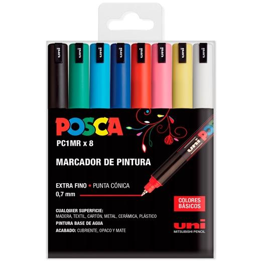 Posca PC1MR Pack de 8 Marcadores de Pintura - Punta Roller de Fibra 0.7mm - Tinta Pigmentada Base al Agua - Resistente a la Luz - Colores Surtidos