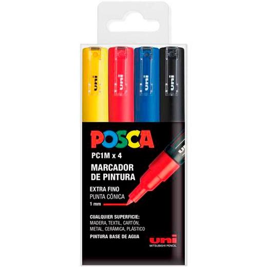 Posca PC1M Pack de 4 Marcadores de Pintura - Punta Conica 0.7mm - Tinta Base al Agua - No Permanente - Resistente a la Luz - Colores Amarillo, Rojo, Azul y Negro