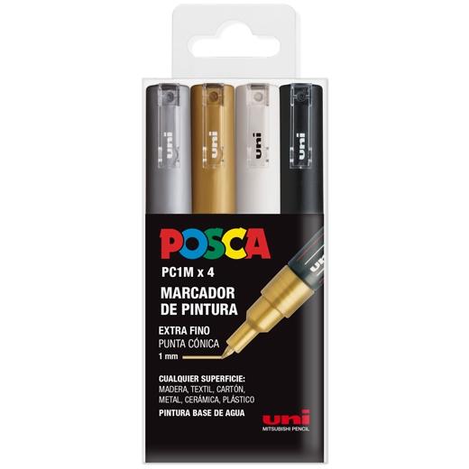Posca PC1M Pack de 4 Marcadores de Pintura - Punta Conica de 0.7mm - Tinta Base al Agua - No Permanente - Resistente a la Luz - Inodoro - Ideal para Carteleria y Decoracion - Colores Plata, Oro, Blanco y Negro