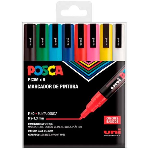 Posca PC3M Pack de 8 Marcadores de Pintura - Punta Conica 0.9-1.3mm - Tinta Base al Agua - Resistente a la Luz - No Permanente - Ideal para Carteleria y Decoracion - Colores Surtidos