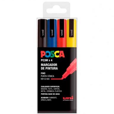 Posca PC3M Pack de 4 Marcadores de Pintura - Punta Conica 0.9-1.3mm - Tinta Base al Agua - Resistente a la Luz - No Permanente - Ideal para Carteleria y Decoracion - Colores Negro, Azul, Rojo y Amarillo