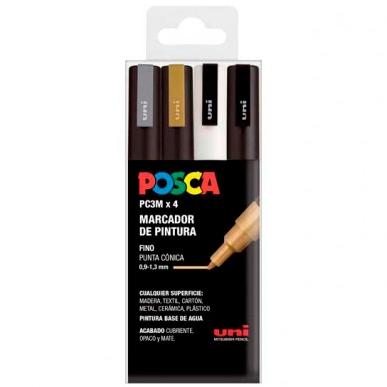 Posca PC3M Pack de 4 Marcadores de Pintura - Punta Conica 0.9-1.3mm - Tinta Base al Agua - Resistente a la Luz - No Permanente - Ideal para Carteleria y Decoracion - Colores Plata, Oro, Blanco y Negro