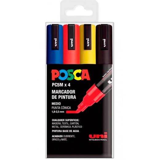 Posca PC-5M Pack de 4 Marcadores de Pintura - Punta de Bala 1.8-2.5mm - Tinta Base al Agua - No Permanente - Resistente a la Luz - Colores Azul, Rojo, Amarillo y Negro