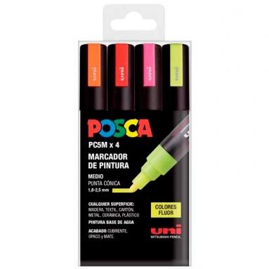 Posca PC-5M Pack de 4 Marcadores de Pintura - Punta de Bala 1.8-2.5mm - Tinta Base al Agua - No Permanente - Resistente a la Luz - Colores Fluor Surtidos