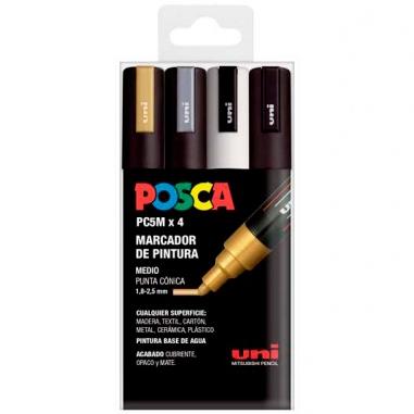 Posca PC-5M Pack de 4 Marcadores de Pintura - Punta de Bala 1.8-2.5mm - Tinta Base al Agua - No Permanente - Resistente a la Luz - Colores Oro, Plata, Blanco y Negro