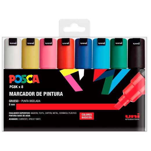 Posca PC-8K/8C Estuche de 8 Marcadores de Pintura - Punta Biselada Acrilica 8mm - Tinta Base al Agua - Resistente a la Luz - Color Surtido