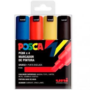 Posca PC-8K Estuche de 4 Marcadores de Pintura - Punta Biselada Acrilica 8mm - Tinta Base al Agua - No Permanente - Resistente a la Luz - Inodoro - Ideal para Carteleria y Decoracion - Color Surtido