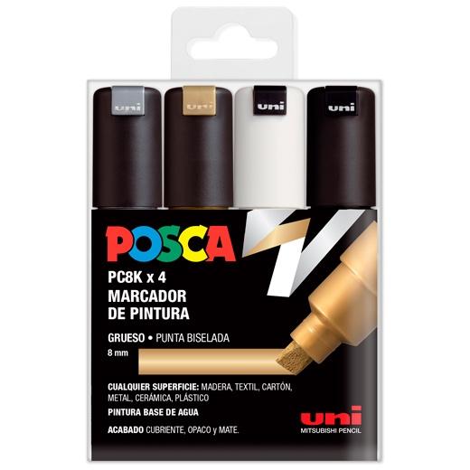 Posca PC-8K Estuche de 4 Marcadores de Pintura - Punta Biselada Acrilica 8mm - Tinta Base al Agua - Resistente a la Luz - Color Surtido