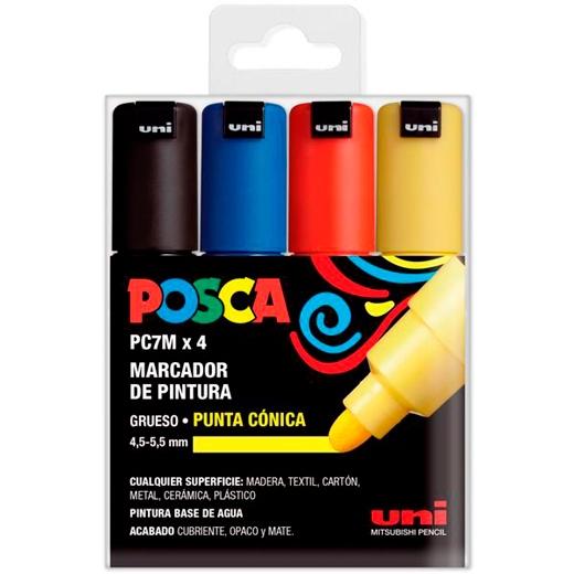 Posca PC-7M Estuche de 4 Marcadores de Pintura - Punta de Bala 4.5-5.5mm - Tinta Base al Agua - Resistente a la Luz - No Permanente - Color Surtido