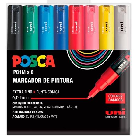 Posca PC1M Pack de 8 Marcadores de Pintura - Punta Conica 0.7mm - Tinta Base al Agua - No Permanente - Resistente a la Luz - Inodoro - Ideal para Carteleria y Decoracion - Colores Surtidos