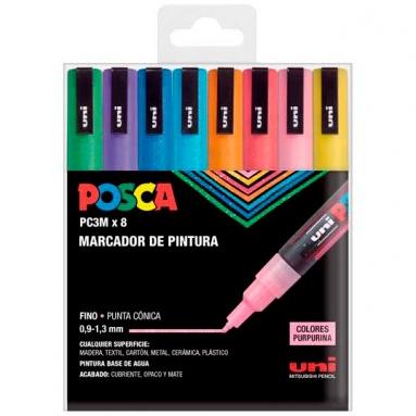 Posca PC3M Pack de 8 Marcadores de Pintura - Punta Conica 0.9-1.3mm - Tinta Base al Agua - Resistente a la Luz - Ideal para Carteleria y Decoracion - Colores Purpurina Surtidos
