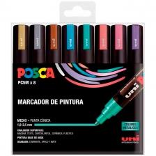Posca PC-5M/8C Estuche de 8 Marcadores de Pintura - Punta de Bala 1.8-2.5mm - Tinta Base al Agua - Resistente a la Luz - No Permanente - Color Surtido