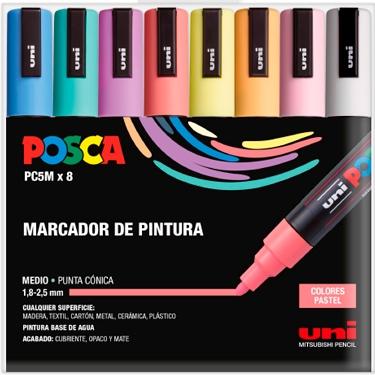 Posca PC-5M/8C Estuche de 8 Marcadores de Pintura - Punta de Poliester 1.8-2.5mm - Tinta Base al Agua - Resistente a la Luz - No Permanente - Color Surtido