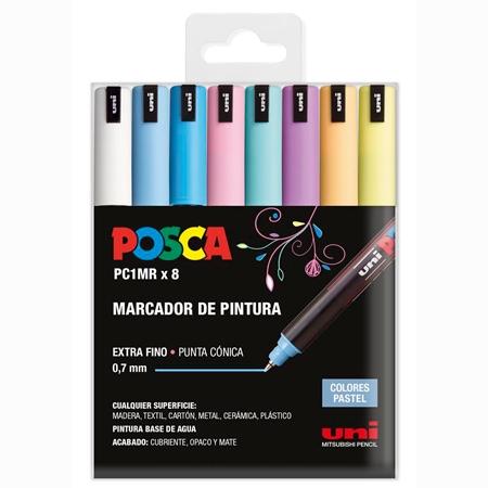 Posca PC1MR Pack de 8 Marcadores de Pintura - Punta Roller de Fibra 0.7mm - Tinta Pigmentada Base al Agua - Resistente a la Luz - Colores Surtidos Pastel