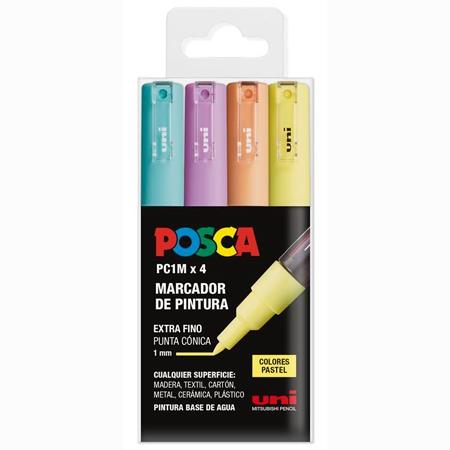 Posca PC1M Pack de 4 Marcadores de Pintura - Punta Conica 0.7mm - Tinta Base al Agua - No Permanente - Resistente a la Luz - Colores Surtidos Pastel