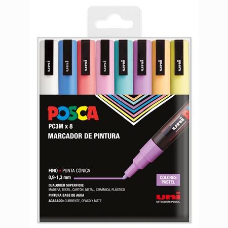Posca PC3M Pack de 8 Marcadores de Pintura - Punta Conica 0.9-1.3mm - Tinta Base al Agua - Resistente a la Luz  - Ideal para Carteleria y Decoracion - Colores Surtidos Pastel