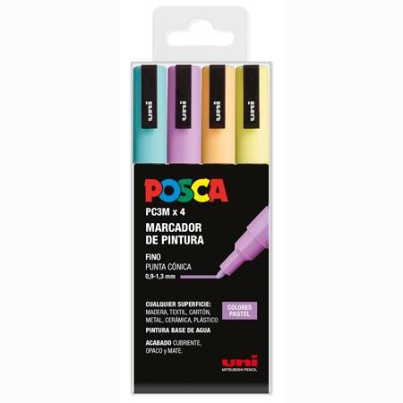 Posca PC3M Pack de 4 Marcadores de Pintura - Punta Conica 0.9-1.3mm - Tinta Base al Agua - Resistente a la Luz - No Permanente - Ideal para Carteleria y Decoracion - Colores Surtidos Pastel