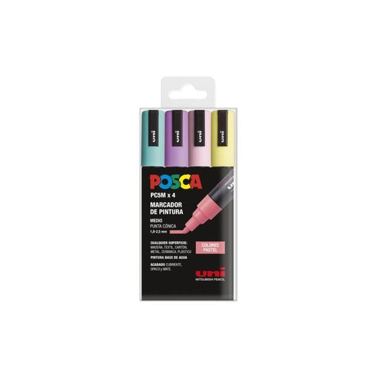 Posca PC-5M Pack de 4 Marcadores de Pintura - Punta de Bala 1.8-2.5mm - Tinta Base al Agua - No Permanente - Resistente a la Luz - Colores Pastel Surtidos